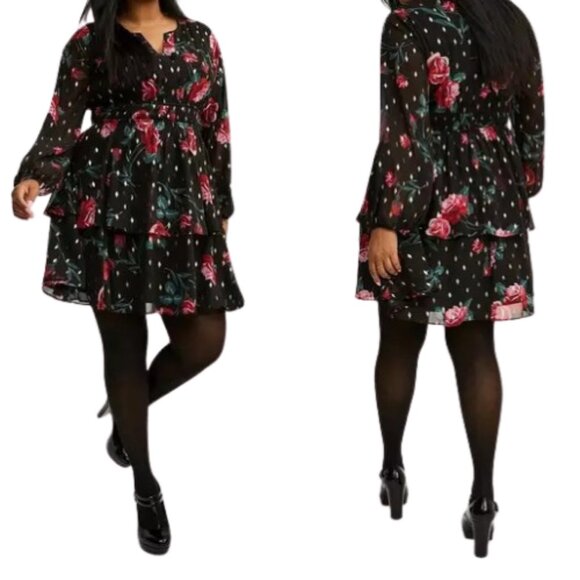 torrid Dresses & Skirts - Torrid Women's Size 2 Bust 50 Mini Blouson Sleeve Skater Dress Black Floral :)